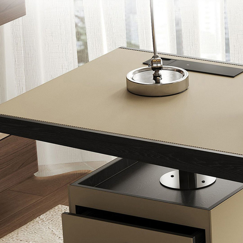 Bureau rectangulaire avec tiroirs en bois manufacturé beige et noir + argent, 29.53" H x 78.74" W x 27.56" D