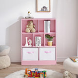 Amaiah 3-Tier Storage Bookcase, 7 Cube Open Shelves with Fabric Drawers, Wood Display Cabinet