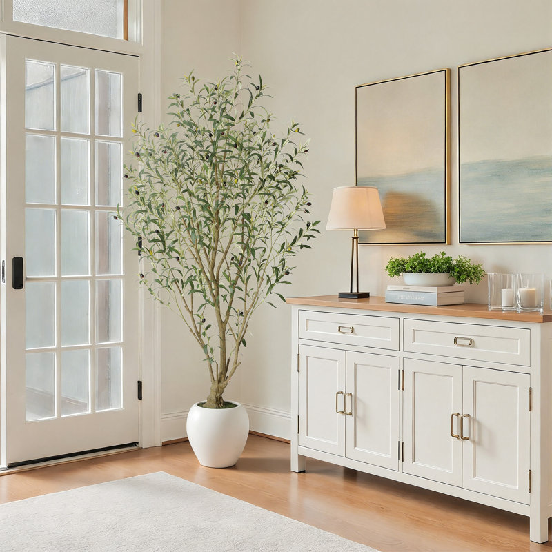 5/6/7/8/9ft Grand Artificial Olive Tree in White Planter - Large Faux Multi-Trunk Floor Plant for High Ceilings - Minimalist & Modern