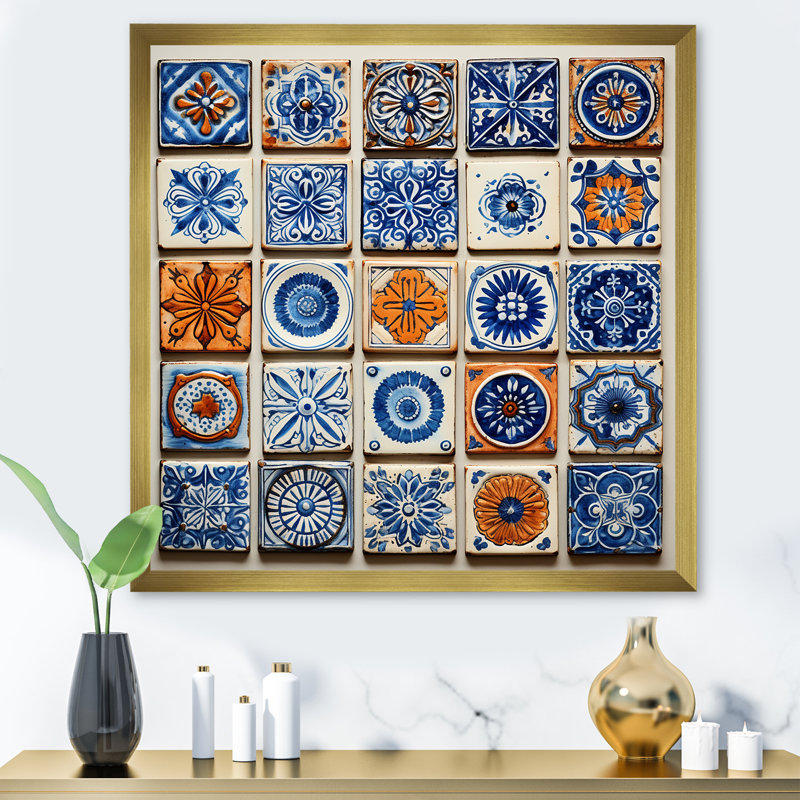 Boho Turkish Blue Tiles 1 - Boho Tiles, art mural, H 36 po x l 36 po, Or