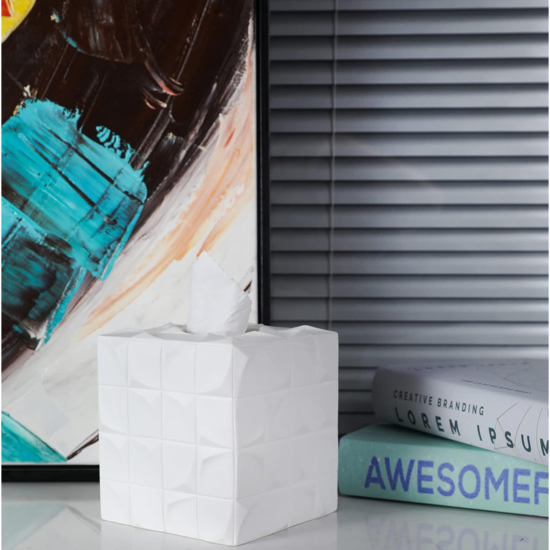 Embossment Unique Cube Design Tissue Box Cover Modern Room Accessories Decor, White