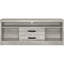 Meuble télé avec une finition en bois flotté gris et deux tiroirs, fabrication en bois d'ingénierie, aspect rustique vieilli, utilisation durable, conception polyvalente, largeur de 59 pouces avec abat-jour, tiroirs pour