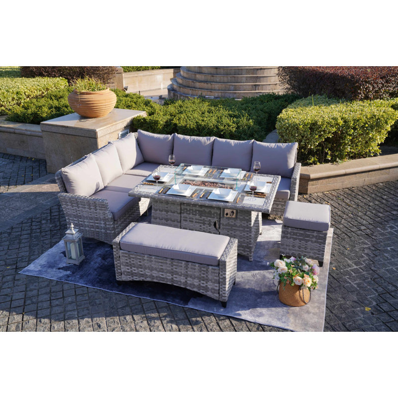 Beoll 9 - Person Metal Patio Dining Set with Rectangular Table , Cushions Included