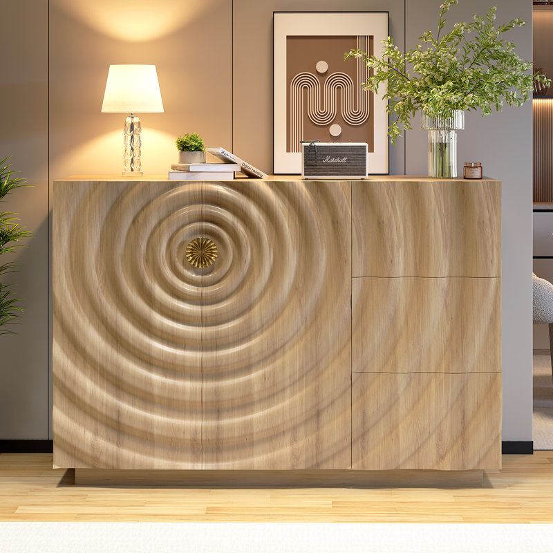 Buffet 47,2 "de large avec 2 portes et 3 tiroirs, tablettes réglables, Chêne