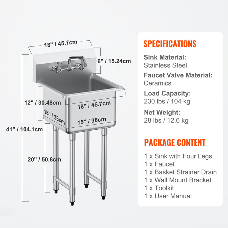 Stainless Steel Prep & Utility Sink, 1 Compartment Free Standing Small Sink Include Faucet & legs, 18"x41" Commercial Single Bowl Sinks for Garage, Restaurant, Kitchen, Laundry