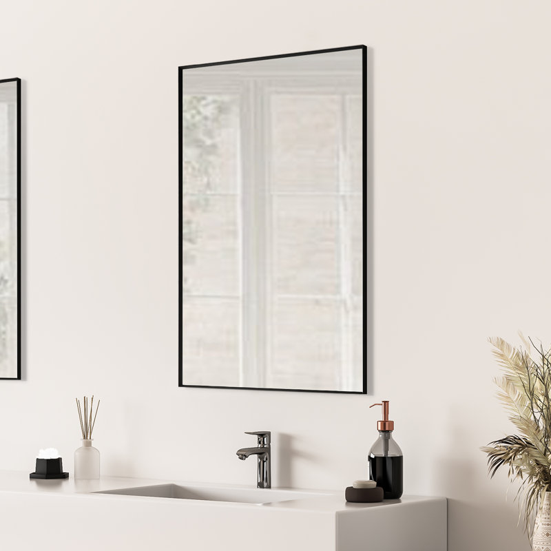 Metal Flat Wall Mirror, 36" H x 24" W, Black