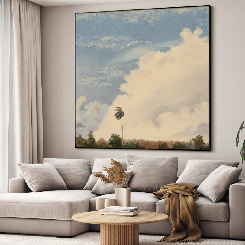 Impression sur toile extra large - Paume tranquille et paysage de nuage serein inspiré du ciel pour décorer les intérieurs côtiers, décoration pour le salon ou la chambre à coucher - «Assemblage requis du cadre (cadre non fini)»