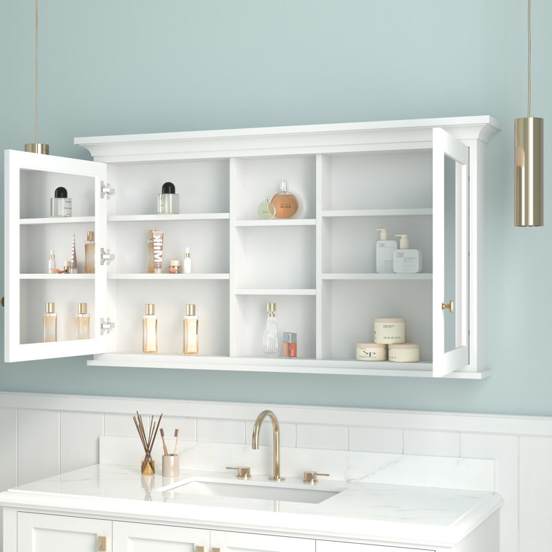 Armoire à pharmacie encastrée en bois massif avec miroir et tablettes 55 po x l 30 po