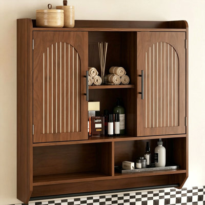 Wall Mounted Bathroom Storage Cabinet With Fluted Panel Door, Vintage Trapezoidal Wall Medicine Cabinet With 8 Compartments & Towel Bar, Space Saving Vertical Cabinet For Home Wall Decor