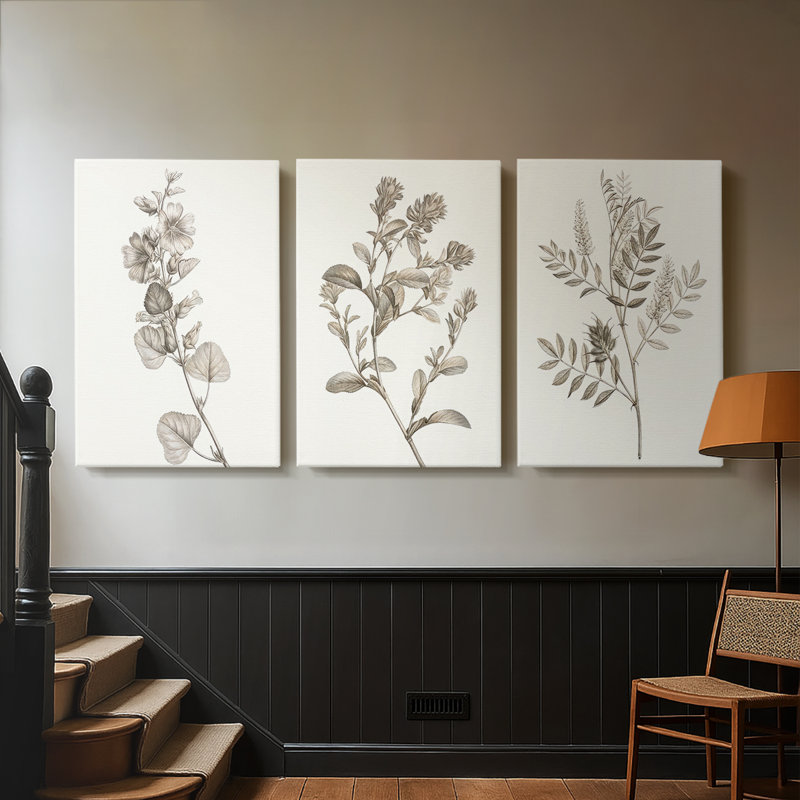 Neutral Botanical Study I - Toile tendue sur mesure avec châssis - 3 pièces, H 36 po x l 72 po, Toile tendue