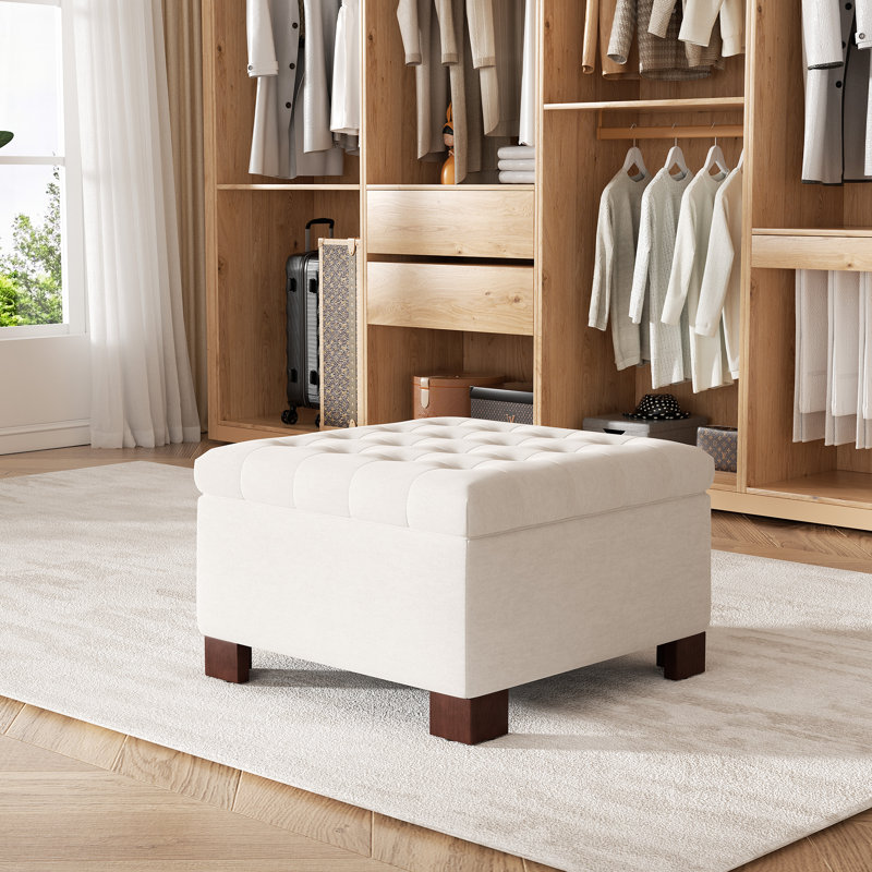 Pouf de rangement capitonné avec plateau en bois, Blanc
