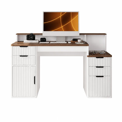 Computer Desk with Hutch and Printer Stand, Home Office Desk with Storage Cabinet and Ripple Doors