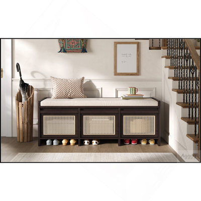 Banc de rangement pour chaussures 48 po, banc de rangement rétro avec tiroirs en rotin et coussin rembourré capitonné pour le salon, le couloir, le vestibule, l'escalier, 5 couleurs disponibles (bleu marine antique)