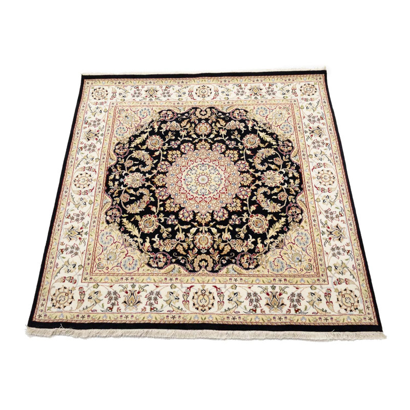 Tapis carré noir à motif floral noir Indo-nain 6 x 6