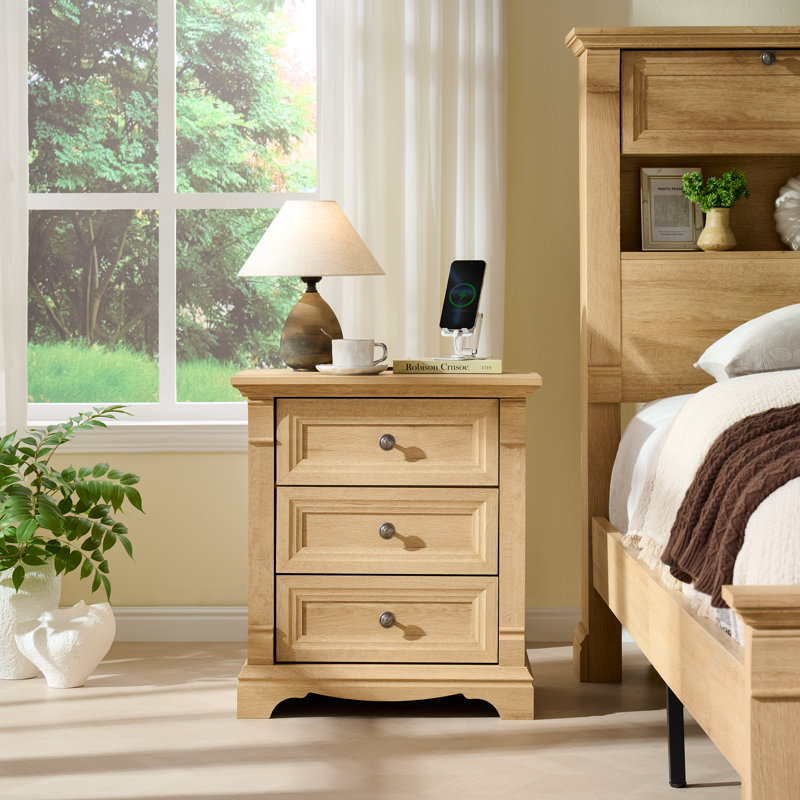 24" Farmhouse Nightstand With Charging Station With 3 Drawers Storage, Wood Side Table,end Table, Oak
