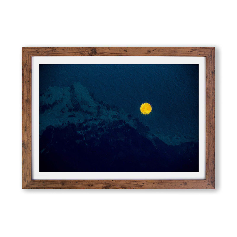 Yellow Moon Over The Mountain By - Single Picture Frame Print, 45cm H x 63cm W x 2cm D, Walnut