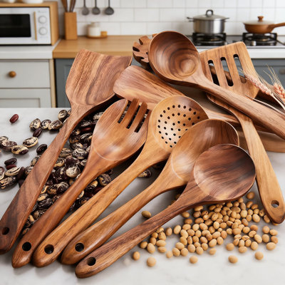 9-Piece Teak Wooden Kitchen Utensil Set For Cooking, Natural Non-Toxic Spoons & Spatulas For Non-Stick Pans, Heat Resistant Handmade Utensils