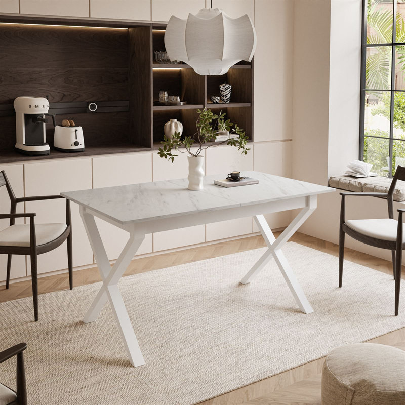 Extendable table ARTON II  140 cm,  "X" legs, White, Levanto Marble