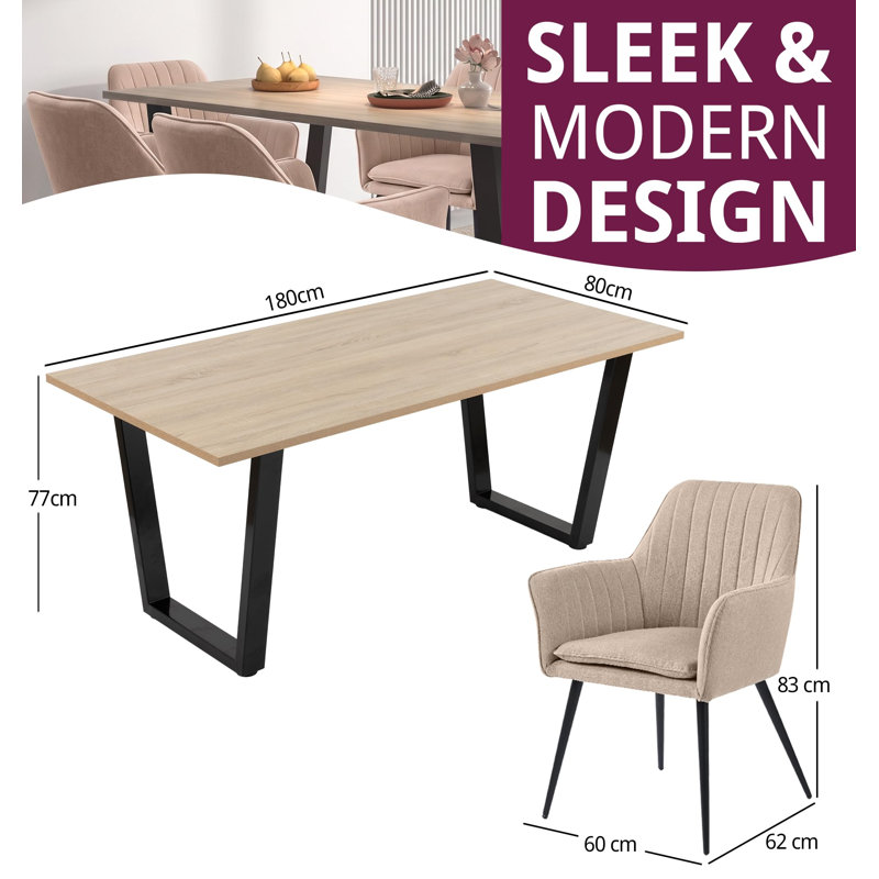 80cm Rectangular Dining Set with Upholstered Chairs, 7 Pieces: Table, 6 Chairs, 77cm H x 180cm W x 80cm D, Cream