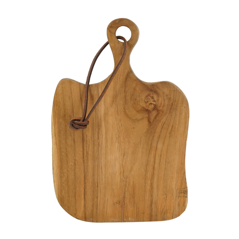 Planche à découper en bois de teck avec sangle de suspension en cuir - 10 po x 15 po x 1 po - Brun