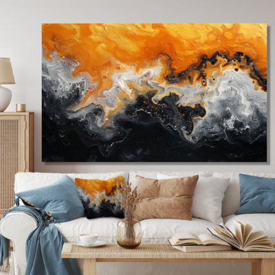 Orange orange abstrait noir liquide rivière I - encre liquide abstrait