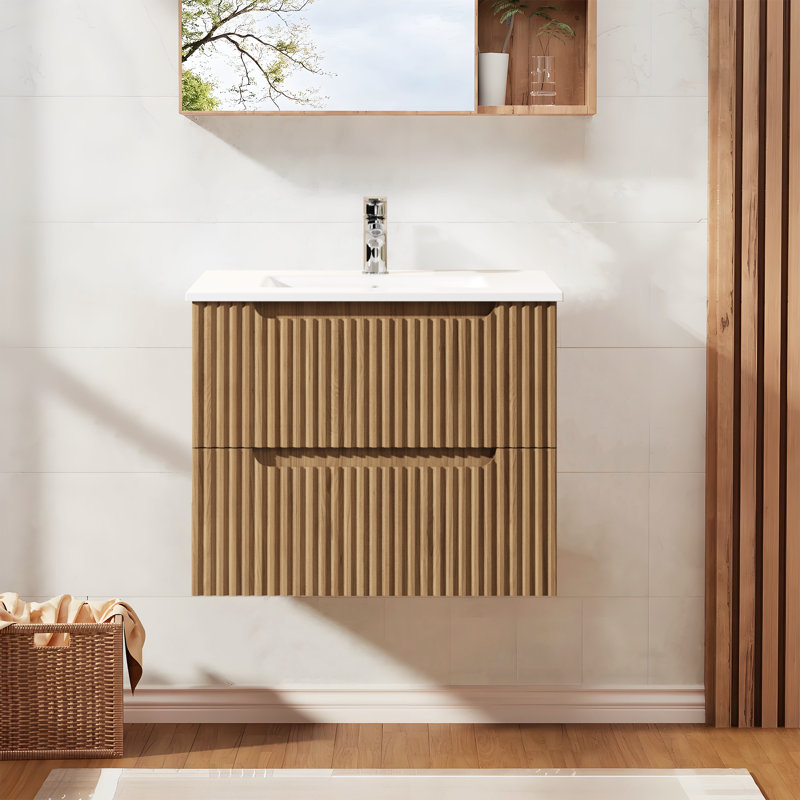Mid-Century 24" Walnut Floating Bathroom Vanity Modern Wall-Mounted Floating Bathroom Cabinet