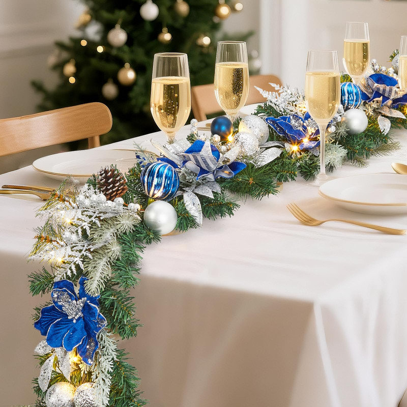 Guirlande de Noël pré-illuminée bleue et argentée de 1,8 m, pour intérieur et extérieur, avec minuterie