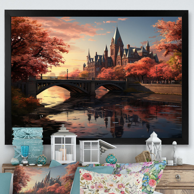 «College On Pond Memories» sur toile, H 16 po x l 32 po x P 1 po, Cadre photo noir