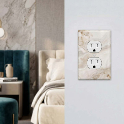 Matte White Gold Marble 1 Gang Duplex Outlet Cover, Decorative Wall Plate For Bathroom Kitchen