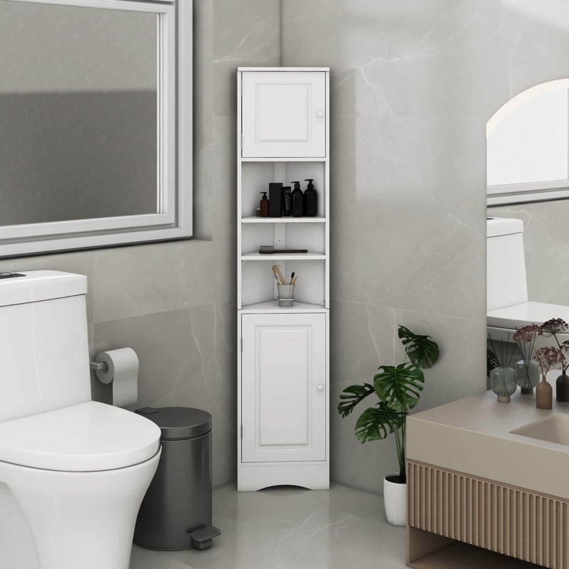 Tall Corner Cabinet- Narrow Space Saving Storage With Doors & Adjustable Shelves, White