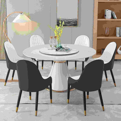 Table de salle à manger ronde pour 6 personnes: pierre frittée avec base en cuir en forme de pétale, métal, diamètre de 59 po, table optionnelle portative 6: unité centrale pétale et foyer
