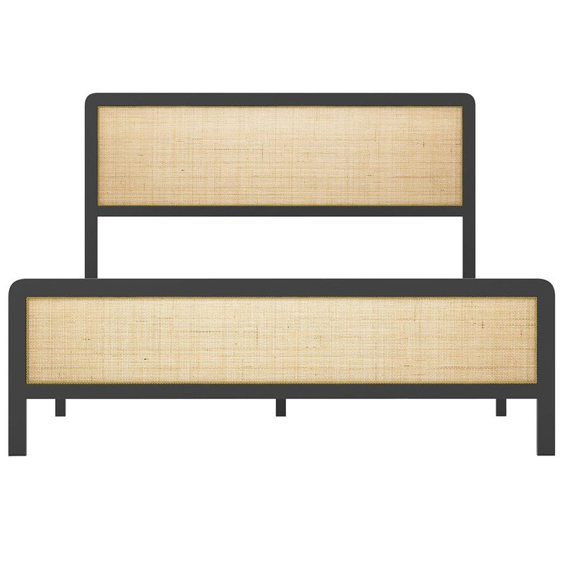 Queen Size Bed Frame With Rattan Headboard And Footboard Platform Bed Frame With Under Bed Storage&Safe Rounded Corners No Box Spring Needed Wood Slat Support Easy Assembly