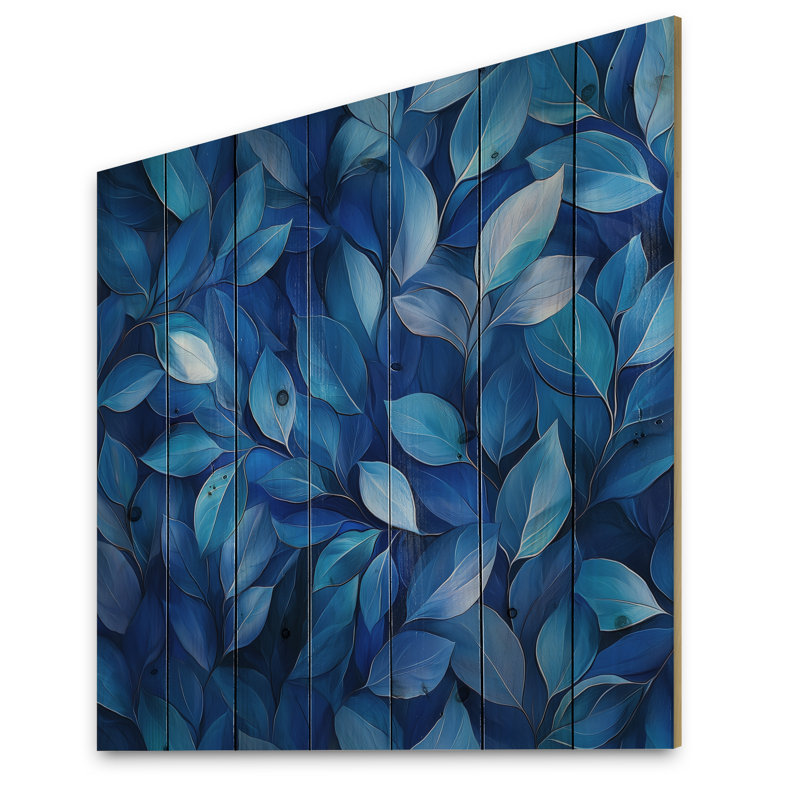 Feuilles de cobalt collage clair de lune III - décoration murale feuilles de bois - sur bois de pin naturel