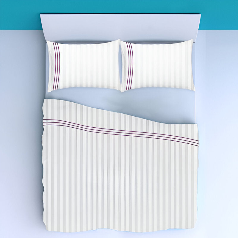 400TC Triple Embroidery Sateen Stripe Cotton 4 Piece Sheet Set Fitted Sheet Fits Upto 16" Deep Pocket, Lilac Border