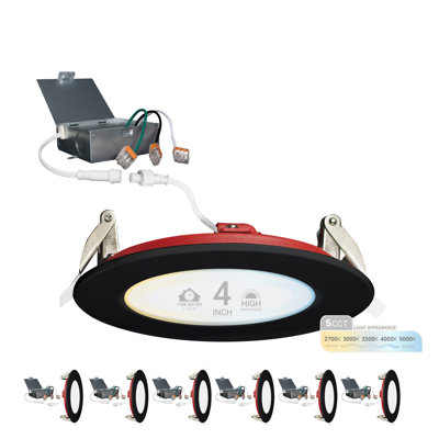 NUWATT 4 Inch 2 Hour FIRE Rated LED Recessed Light, Selectable 2700K/3000K/3500K/4000K/5000K, 900 Lumens, Dimmable, IC Rated, Ultra-Thin Black Trim Canless LED Downlight, No Tenmat Needed, 6 Pack