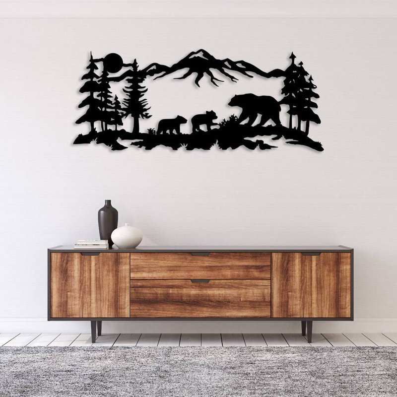 Art mural en métal famille de montagne montagne - faune sauvage rustique montagne - sculpture de silhouette d'ours inspirée de la nature - animal mural forêt - décoration intérieure / extérieure de style industriel - pièce d'art sauvage