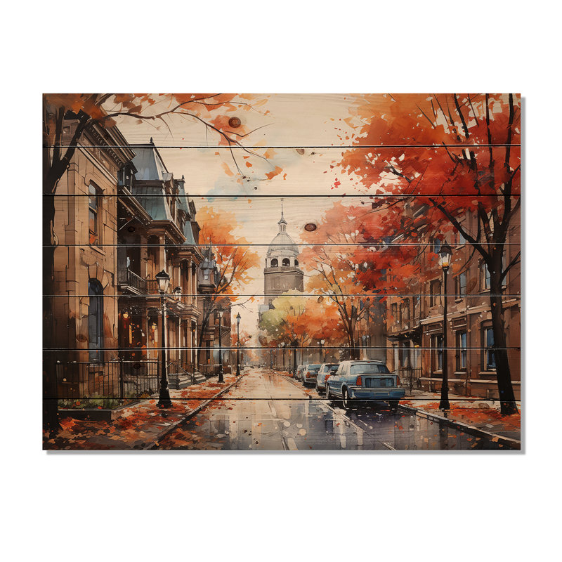 Tussilage - Décoration murale en bois paysage urbain sur bois de pin naturel, H 24 po x l 32 po