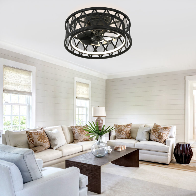 19" Industrial Caged Flush Mount Ceiling Fan with Light and Remote 6-speed Reversible DC Motor Metal Ceiling Fan for Bedroom Living Room