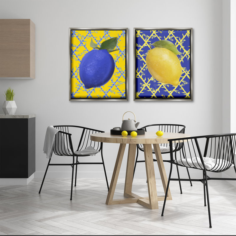 Ensemble de cadres flottants 2 pièces Bold Blue & Yellow Lemons, design par Matthew Piotrowicz, Cadre flottant gris lustré