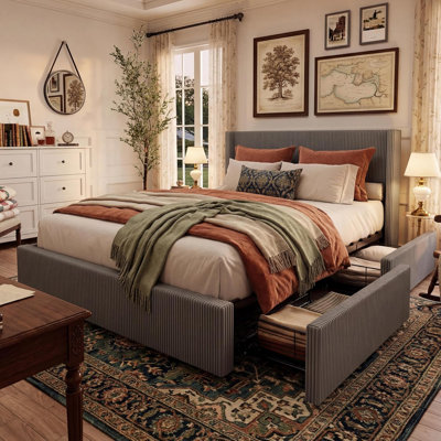 Grey Upholstered Platform Bed Frame with Storage Drawers, Corduroy Wingback with Tufted Headboard and Footboard, No Box Spring Needed, Easy Assembly