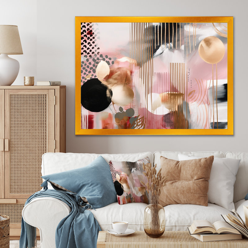 " Pink Gold Lines Scenery I ", Gold Picture Framed, 44" W x 34" H