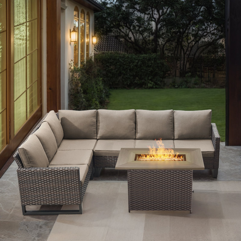 Ingvald 6- Person Outdoor PE Wicker Sectional Seating Group with Fire Pit Table and Cushions, Brown, Gray