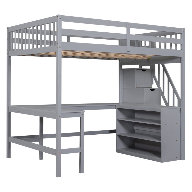 Lit mezzanine avec bureau intégré en forme de L et tablettes de rangement à trois niveaux, Gris