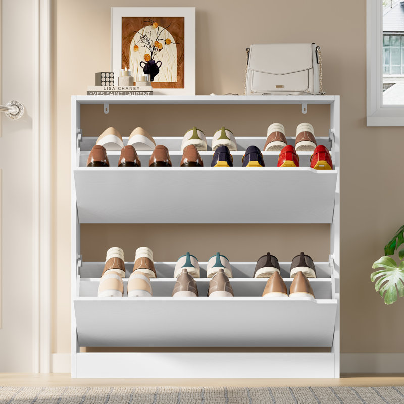 Farmhouse Shoe Storage Cabinet with 2 Flip Drawers – Narrow 9.45" Deep, Adjustable Shelf for Entryway, Hallway (31.50"W x 9.45"D x 33.07"H)