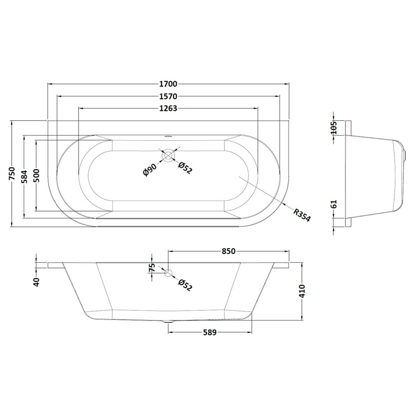 1700mm x 750mm Standard Acrylic Bathtub