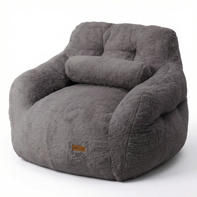 Fauteuil à billes surdimensionné en fausse fourrure touffeté à compression avec coussin et poche