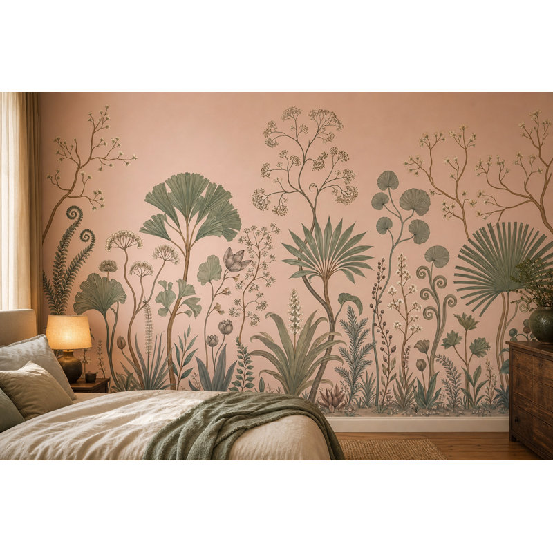 Papier peint botanique pastel, rosé, fond rose, feuillage vert sauge, décoration murale amovible, 120"x96", Peel and Stick