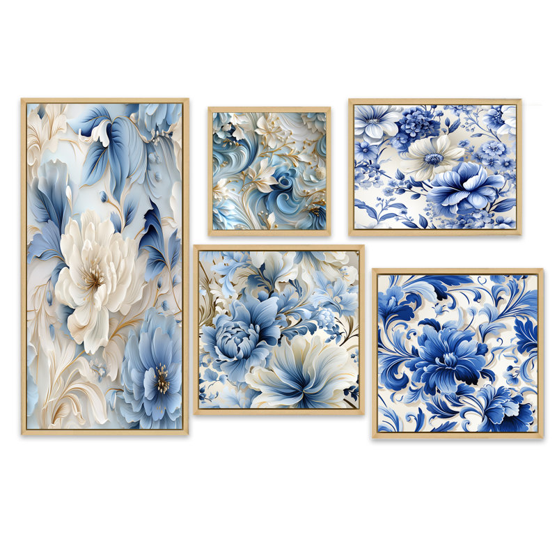 Halle - ensemble de 5 impressions murales florales, Cadre flottant brun