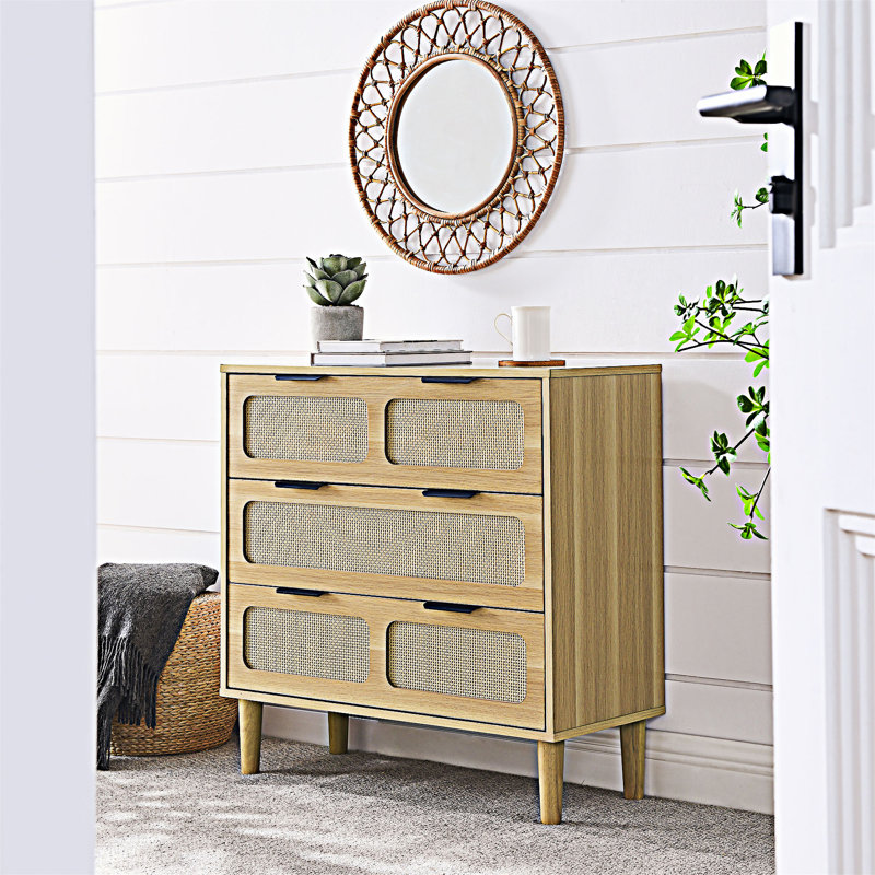 Commode moderne en rotin à 3 tiroirs, Bois naturel