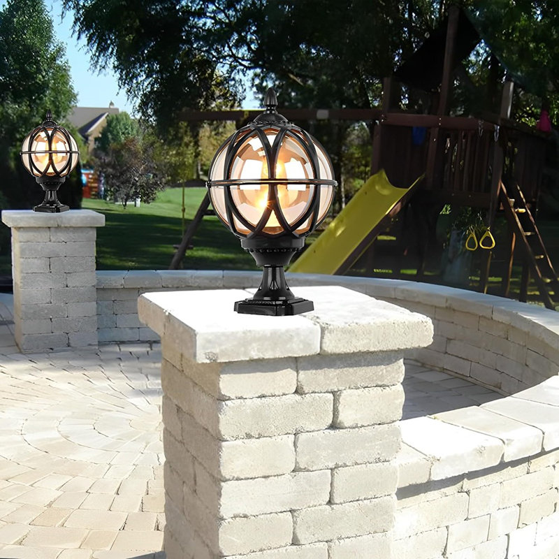 Outdoor Post Light Fixture Retro Amber Glass Ball Pillar Lights Waterproof Die-Cast Aluminum Column Lamp Villa Courtyard Garden Park Doorpost Light Fence Light Landscape Lighting